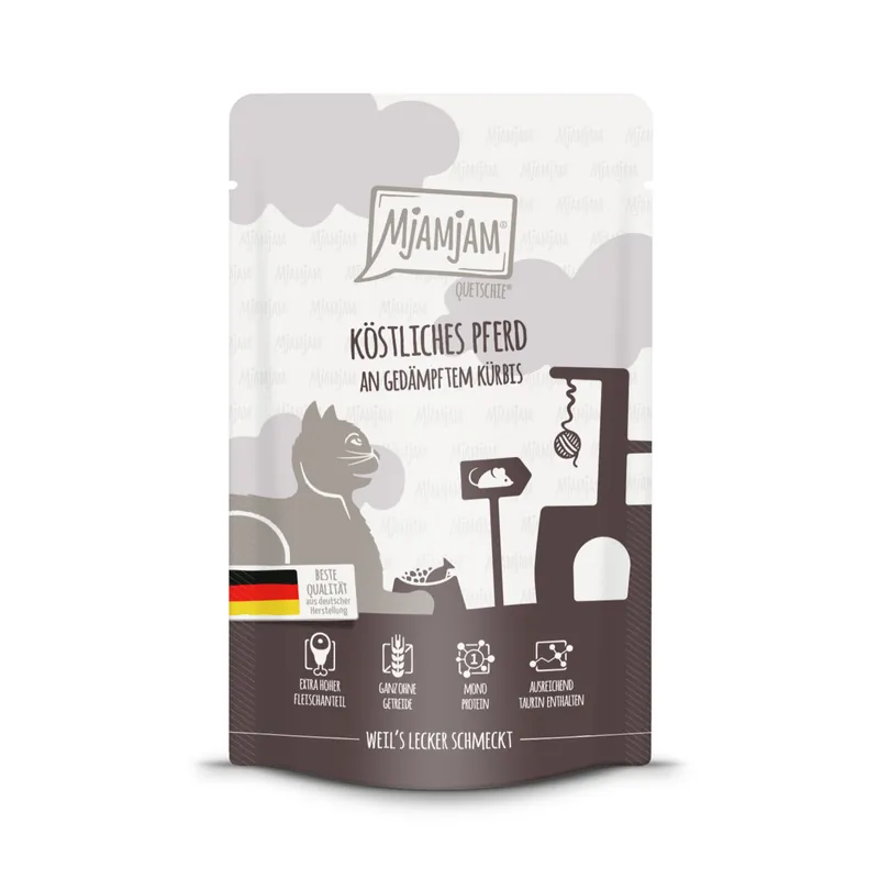 Sparpaket 12 x 125 g Mjamjam Quetschie Köstliches Pferd an gedämpftem Kürbis Katzen Nassfutter Sichere Zahlung